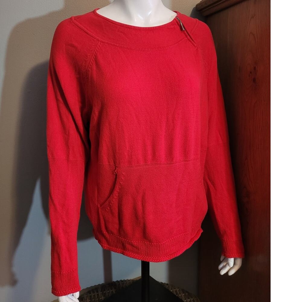 Liz Claiborne Red Shoulder Zip Sweater Large Kangaroo Pockets Casual Knit Top